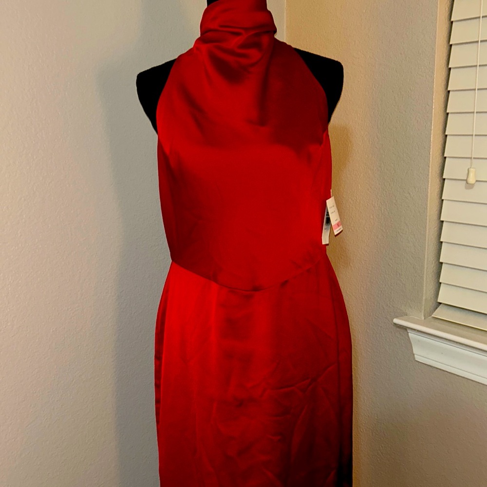 Taylor Dress Cowl Mock Neck Satin Tea Length Lined Majestic Scarlet